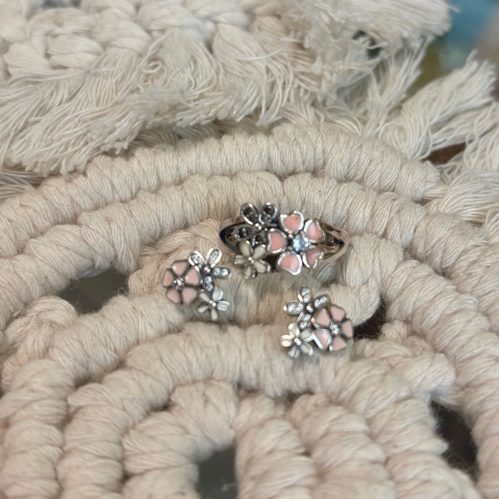 Silver and Pink Floral Earrings with Crystal Accents